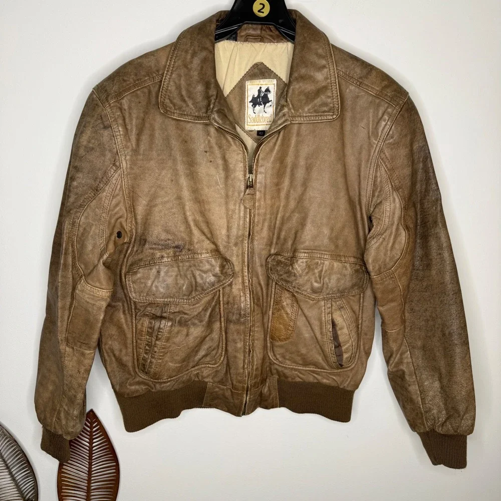 AA Vintage Saddlebred Leather Bike Brown Bomber Knife Pockets‎ Jacket